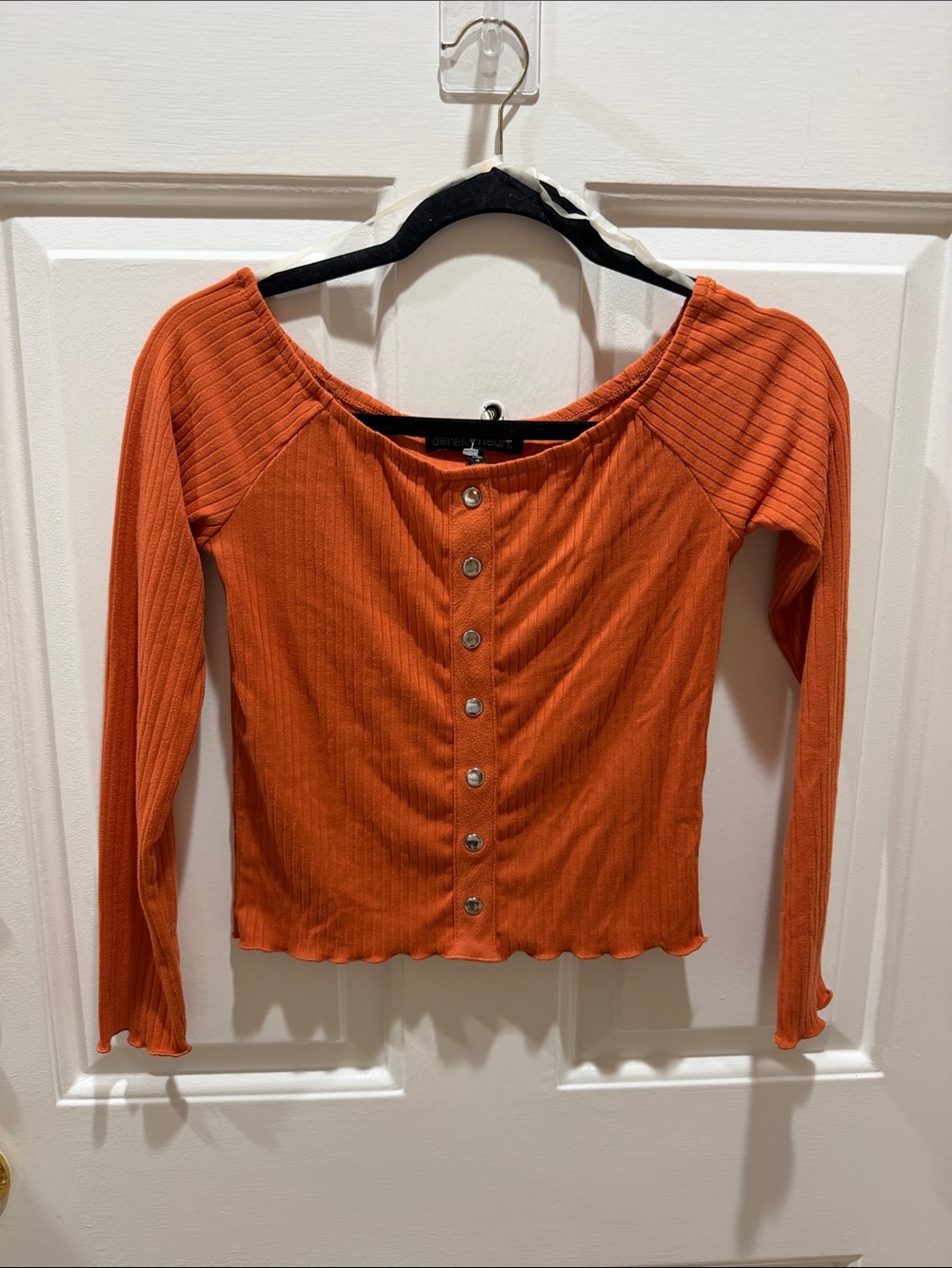 Derek Heart Ribbed Button-Front Long Sleeve Top - Orange